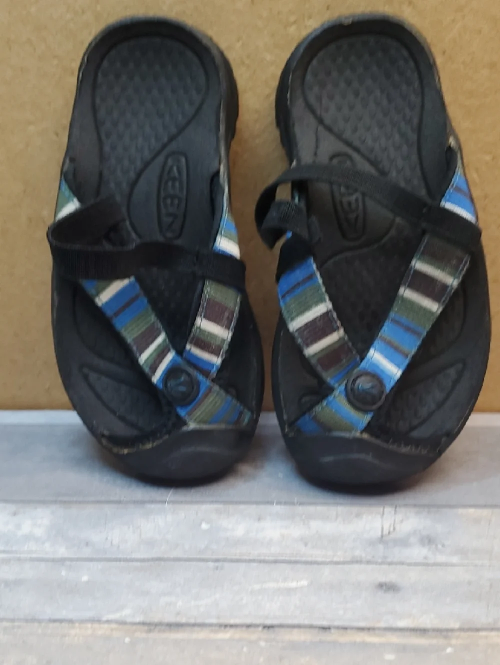 Keen Black Waimea Sandals with Blue, Green & Brown Striped Straps Size 9/16 cm